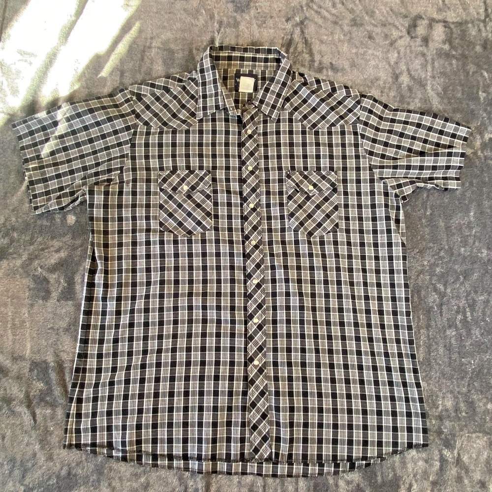 Wrangler Shirt Mens 2XT Black Gray White Plaid Pearl Snap‎ Western Cowboy Rodeo